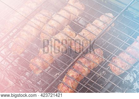 Travel Kielbasa Cooking. Uncooked Sausages For Barbecue. Barbecue, Meal, Meat