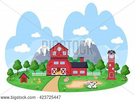 Cute Cartoon Farm Animals Vector Illustration With Cow, Horse, Chicken, Duck, Or Sheep. For Postcard
