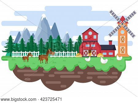 Cute Cartoon Farm Animals Vector Illustration With Cow, Horse, Chicken, Duck, Or Sheep. For Postcard