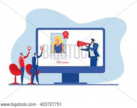 Auction Business Selling Portrait Painting Concept Of Selling Non-fungible Token At Auction On Lapto