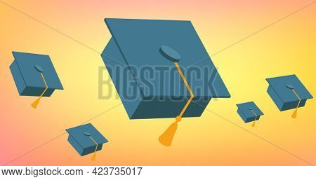 Composition of mortarboards floating on yellow and orange background. school, education and study concept digitally generated image.