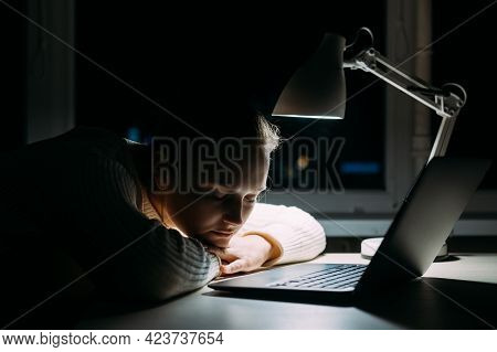Tired Woman. Overload Information. Online Education. Exhausted Lady Leaning Hands Almost Sleeping On
