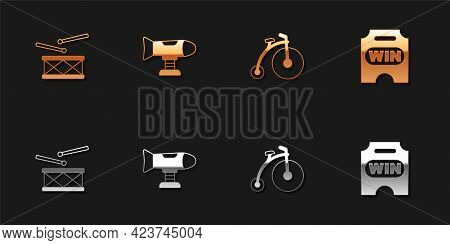 Set Drum With Drum Sticks, Swing Plane, Vintage Bicycle And Circus Ticket Icon. Vector
