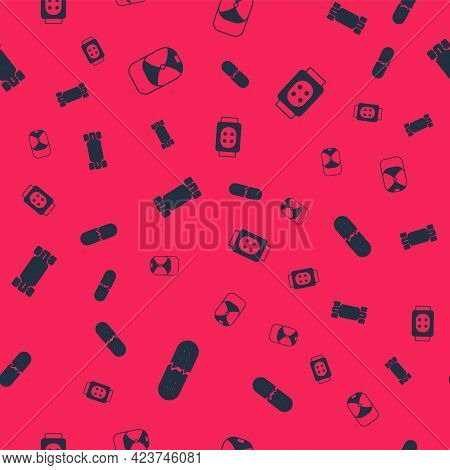 Set Broken Skateboard Deck, Baseball Cap, Longboard Or And Knee Pads On Seamless Pattern. Vector