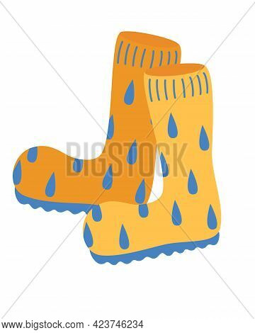 Orange Rubber Boots. Autumn Boots With Water Droplets. Garden And Perfect Shoes For Rainy Weather. C