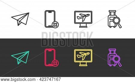 Set Line Paper Airplane, No Cell Phone, Plane And Lost Baggage On Black And White. Vector