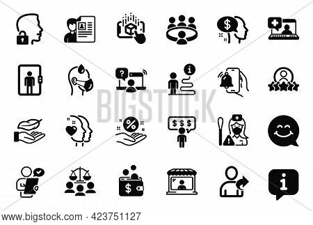 Vector Set Of People Icons Related To Elevator, Loan Percent And Online Question Icons. Meeting, Ala