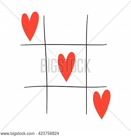 Valentines Day Concept. Tic-tac-toe Game With Criss Cross And Hearts. Hand Drawn Colored Vector Illu
