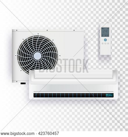 Vector Set Of Air Conditioner Installation On Transparent Background.