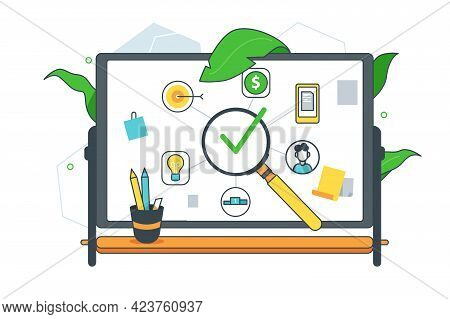 Checking All Components Of Project System Vector Illustration. Laptop Screen With Loupe And Green Ch