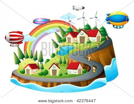 Illustration of a village view with kids on a white background