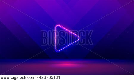 Play Button On Abstract Purple And Blue Background. Multimedia, Audio, Video, Cinema, Music Abstract