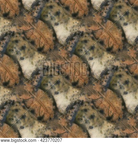 Seamless Botanical Print With Leaf Prints On Natural Silk. Ecoprint.  Hand-drawn Illustration.
