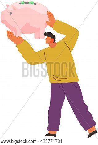 Male Character With Pig Shaped Money Storage Container In Hands. Person With Storage Device For Coin