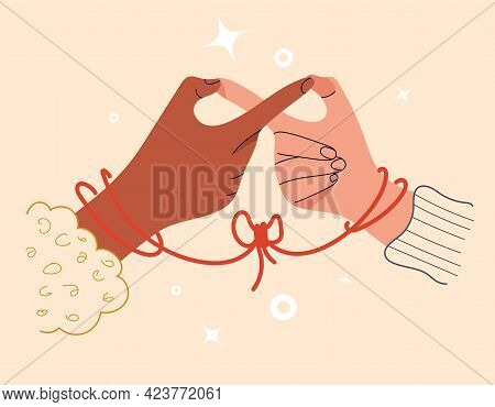 Infinity Sign With Two-finger Gesture. Soulmates Connected By Red Thread Of Fate. Symbol Of Eternal 