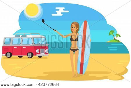 Girl Is Having Summer Vacation And Surfing. Woman In Swimsuit Is Photographed On Phone Camera. Lady 