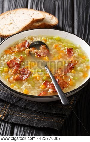 Bunder Gerstensuppe Swiss Barley Soup Close Up In The Plate On The Table. Vertical
