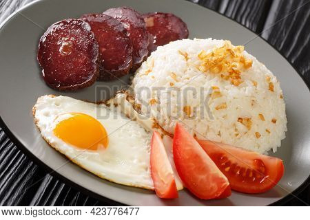 Filipino Breakfast Sinangag Garlic Rice With Fried Egg And Meat Close-up In A Plate On The Table. Ho