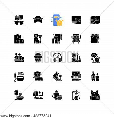 Everyday Routine Black Glyph Icons Set On White Space. Alarm Clock. Coffee Break. Tranposrt For Tran