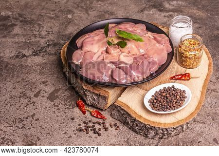Raw Chicken Liver With Spice Set Ready For Cooking