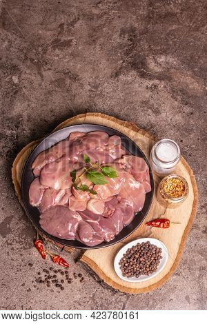 Raw Chicken Liver With Spice Set Ready For Cooking