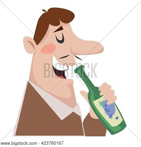 A Man Drinks Wine. Logo Of The Alcologist Shop. Illustration In Cartoon Style Fun