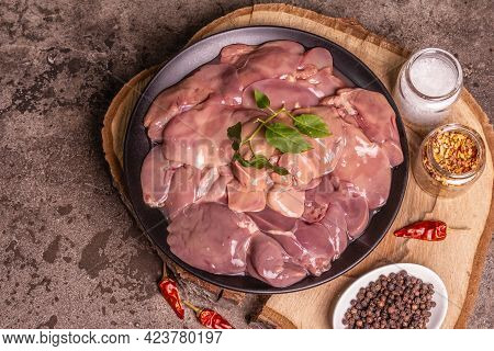 Raw Chicken Liver With Spice Set Ready For Cooking