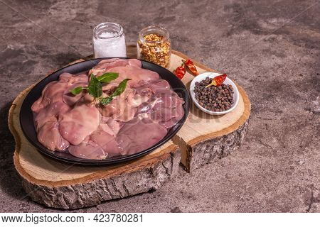 Raw Chicken Liver With Spice Set Ready For Cooking