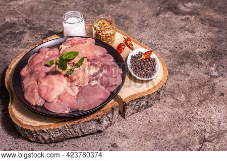 Raw Chicken Liver With Spice Set Ready For Cooking