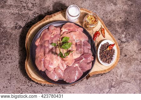 Raw Chicken Liver With Spice Set Ready For Cooking