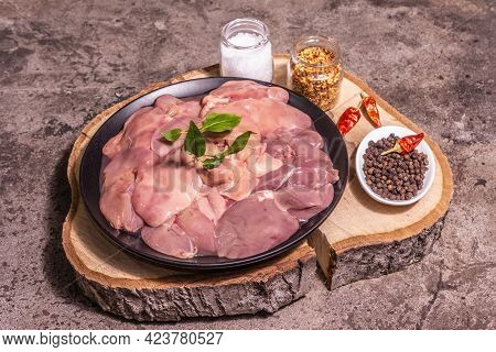 Raw Chicken Liver With Spice Set Ready For Cooking