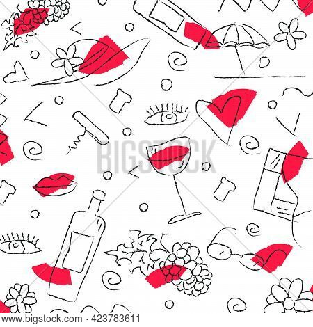 Wine Themed Doodle Hand Drawing Vector Illustration Background Pattern