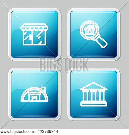 Set Line Market Store, Search House, Warehouse And Museum Building Icon. Vector