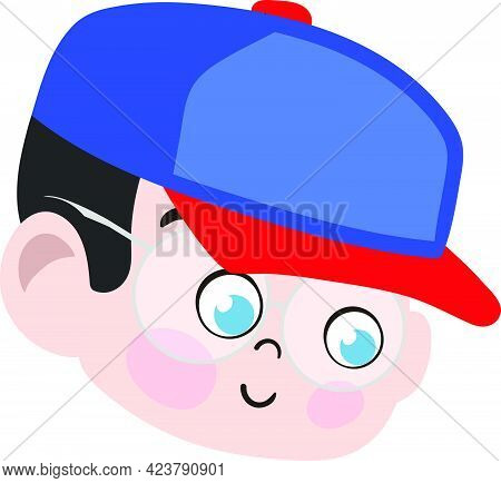 Cute Boy Child Face. Smart And Adorable Boy Child With Blue Trucker Hat. Cute Face With Innocent Exp