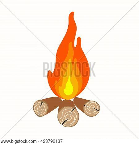 Realistic Campfire On A White Bon Is Isolated. Fire With Burning Wood. Vector Natural Phenomenon