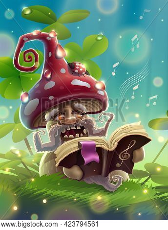 Fly Agaric Mushroom Or Amanita With Musical Book Is Singing In Summer Magic Forest With Green Grass,