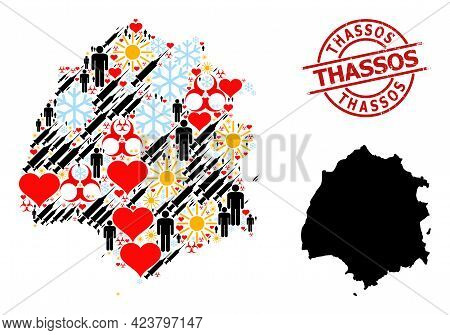 Scratched Thassos Stamp, And Frost Men Virus Therapy Collage Map Of Thassos Island. Red Round Stamp 