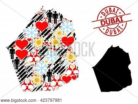 Rubber Dubai Stamp Seal, And Frost People Vaccine Mosaic Map Of Dubai Emirate. Red Round Stamp Seal 