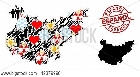 Scratched Espanol Seal, And Spring Humans Vaccine Collage Map Of Badajoz Province. Red Round Stamp S