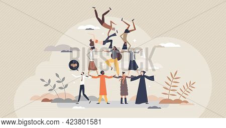 Diverse Community As United Various Social Ethnic Groups Tiny Person Concept. Pyramid With Different
