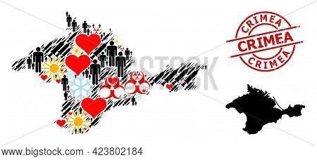 Textured Crimea Seal, And Frost People Virus Therapy Collage Map Of Crimea. Red Round Stamp Seal Has