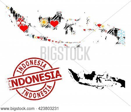 Scratched Indonesia Stamp Seal, And Sunny Customers Inoculation Mosaic Map Of Indonesia. Red Round S