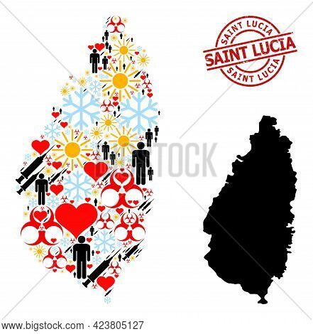 Distress Saint Lucia Stamp, And Lovely Man Infection Treatment Mosaic Map Of Saint Lucia Island. Red