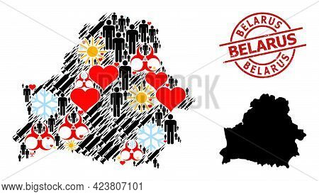 Distress Belarus Seal, And Lovely Humans Inoculation Collage Map Of Belarus. Red Round Badge Include