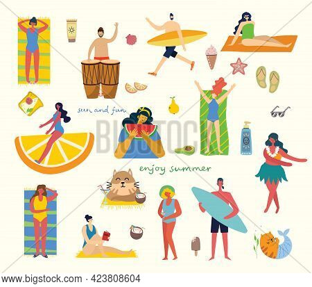 Set Of Different Vector Summer Travel People And Icons In The Flat Stye
