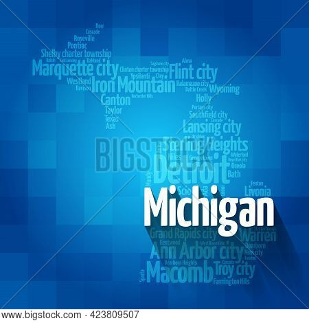 List Of Cities In Michigan Usa State, Map Silhouette Word Cloud, Map Concept Background