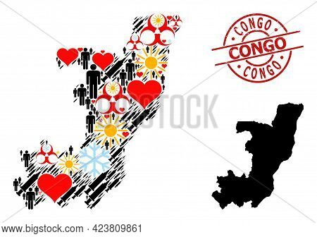Distress Congo Seal, And Sunny Men Vaccine Mosaic Map Of Republic Of The Congo. Red Round Seal Conta