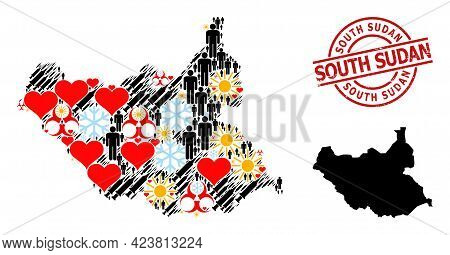 Rubber South Sudan Badge, And Frost People Covid-2019 Treatment Mosaic Map Of South Sudan. Red Round