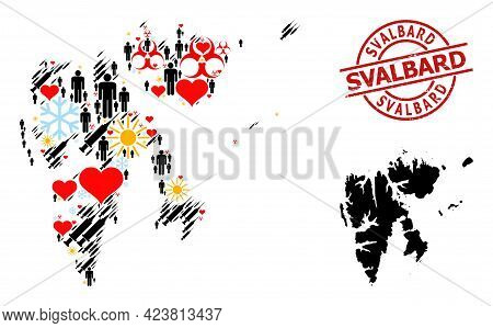 Grunge Svalbard Stamp, And Sunny Population Inoculation Collage Map Of Svalbard Islands. Red Round S