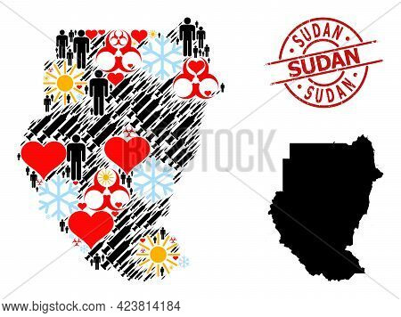 Rubber Sudan Stamp Seal, And Sunny Men Inoculation Mosaic Map Of Sudan. Red Round Stamp Seal Has Sud